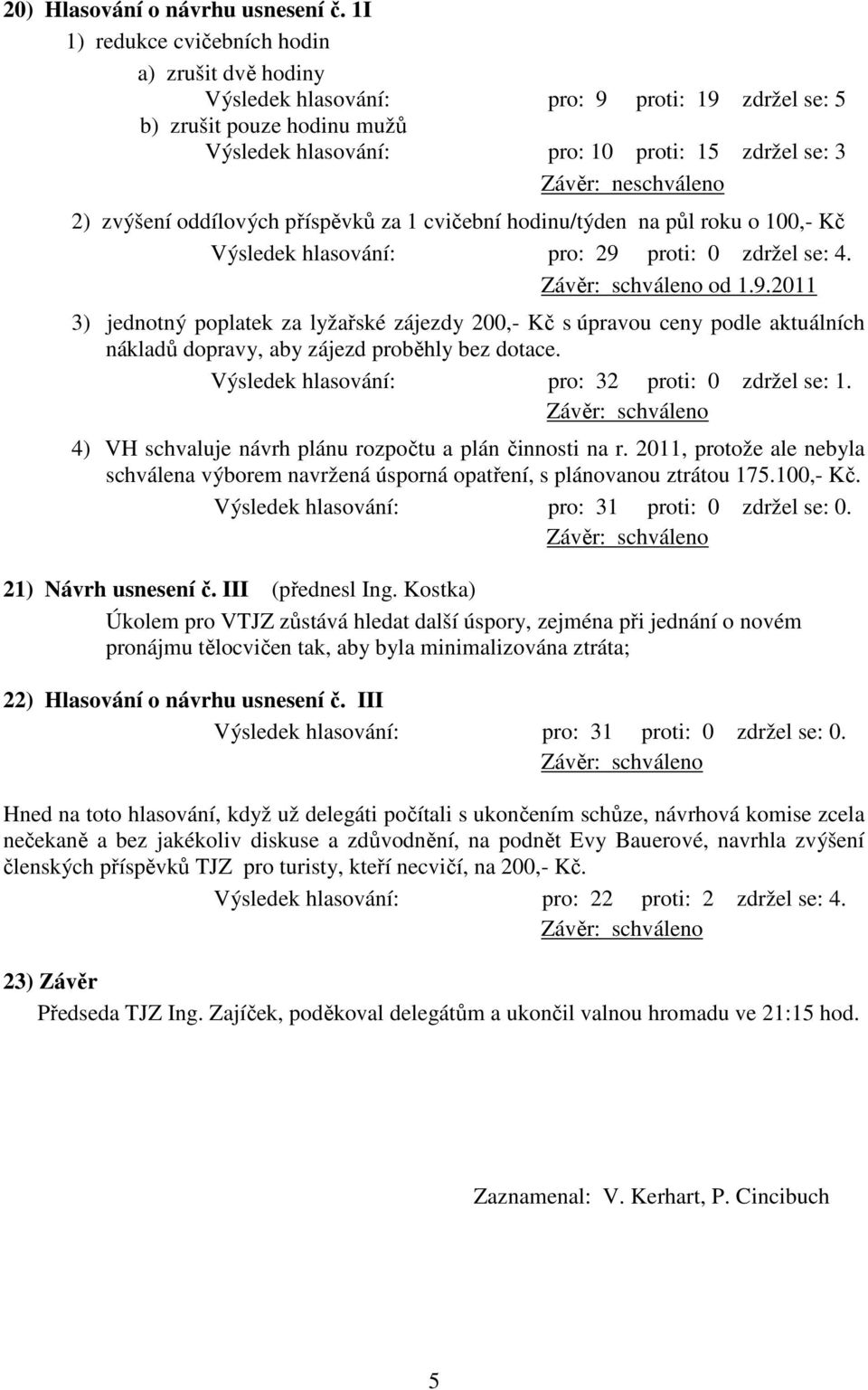 2) zvýšení oddílových příspěvků za 1 cvičební hodinu/týden na půl roku o 100,- Kč Výsledek hlasování: pro: 29 