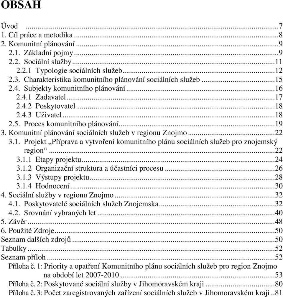 ..19 3. Komunitní plánování sociálních služeb v regionu...22 3.1. Projekt Příprava a vytvoření komunitního plánu sociálních služeb pro znojemský region...22 3.1.1 Etapy projektu...24 3.1.2 Organizační struktura a účastníci procesu.