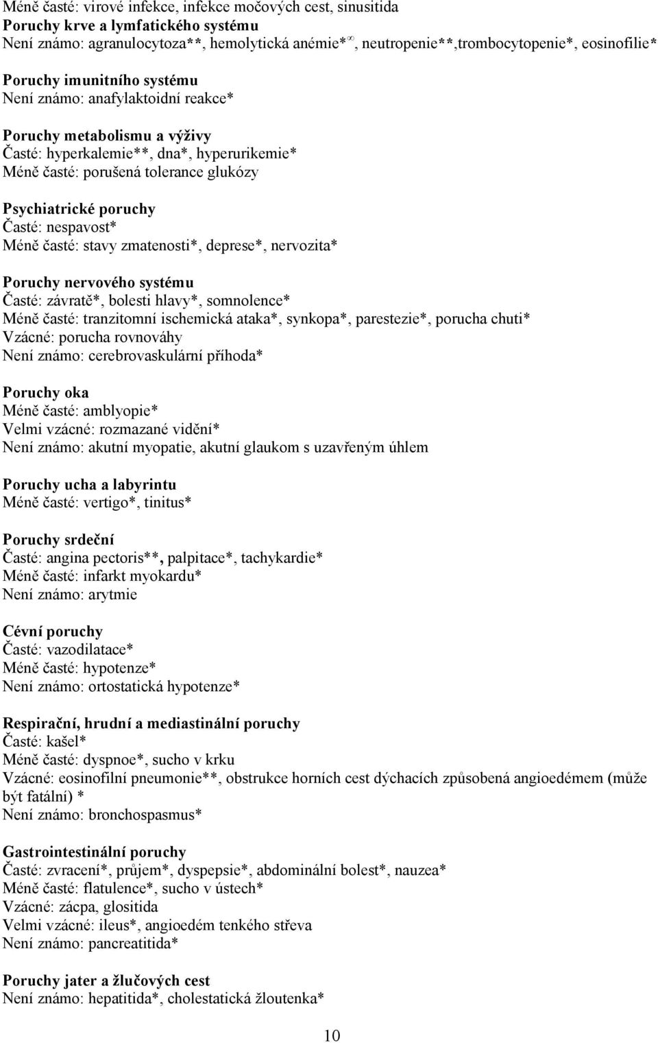 Časté: nespavost* Méně časté: stavy zmatenosti*, deprese*, nervozita* Poruchy nervového systému Časté: závratě*, bolesti hlavy*, somnolence* Méně časté: tranzitomní ischemická ataka*, synkopa*,