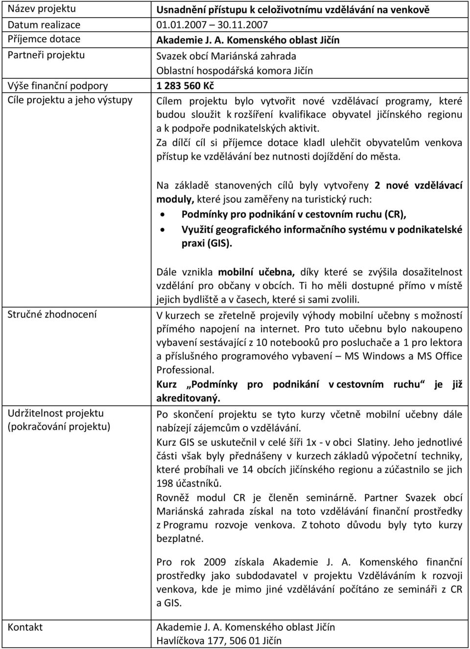 Komenského oblast Jičín Partneři projektu Svazek obcí Mariánská zahrada Oblastní hospodářská komora Jičín Výše finanční podpory 1 283 560 Kč Cíle projektu a jeho výstupy Cílem projektu bylo vytvořit