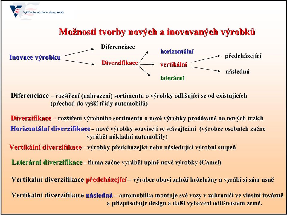 lní diverzifikace nové výrobky souvisejí se stávaj vajícími (výrobce osobních začne vyrábět t nákladnn kladní automobily) Vertikáln lní diverzifikace výrobky předchp edcházející nebo následujn