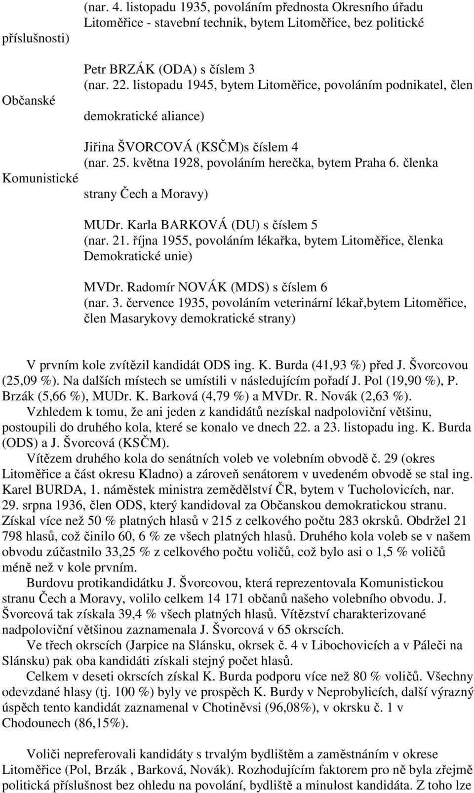 členka strany Čech a Moravy) MUDr. Karla BARKOVÁ (DU) s číslem 5 (nar. 21. října 1955, povoláním lékařka, bytem Litoměřice, členka Demokratické unie) MVDr. Radomír NOVÁK (MDS) s číslem 6 (nar. 3.