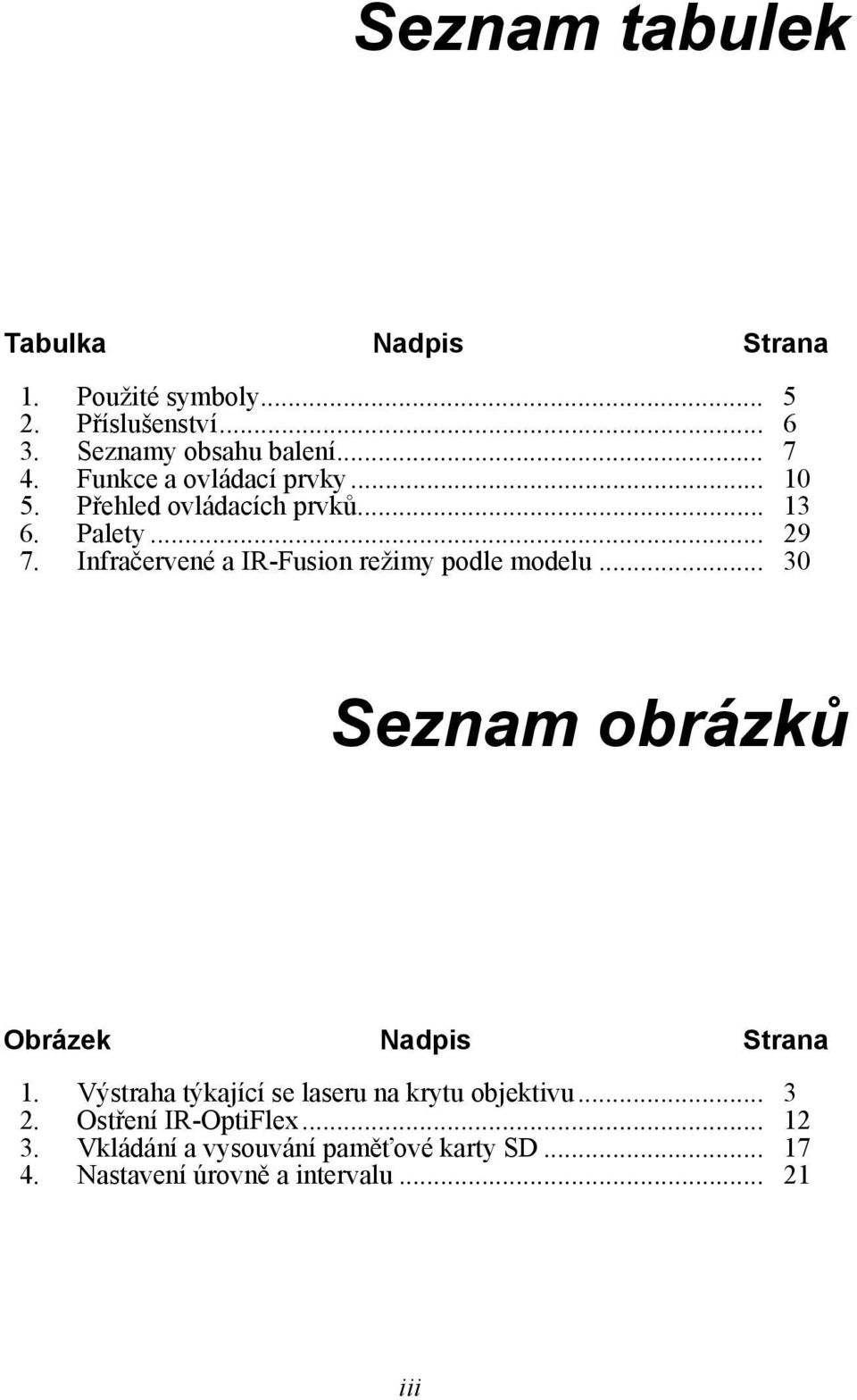 Infračervené a IR-Fusion režimy podle modelu... 30 Seznam obrázků Obrázek Nadpis Strana 1.