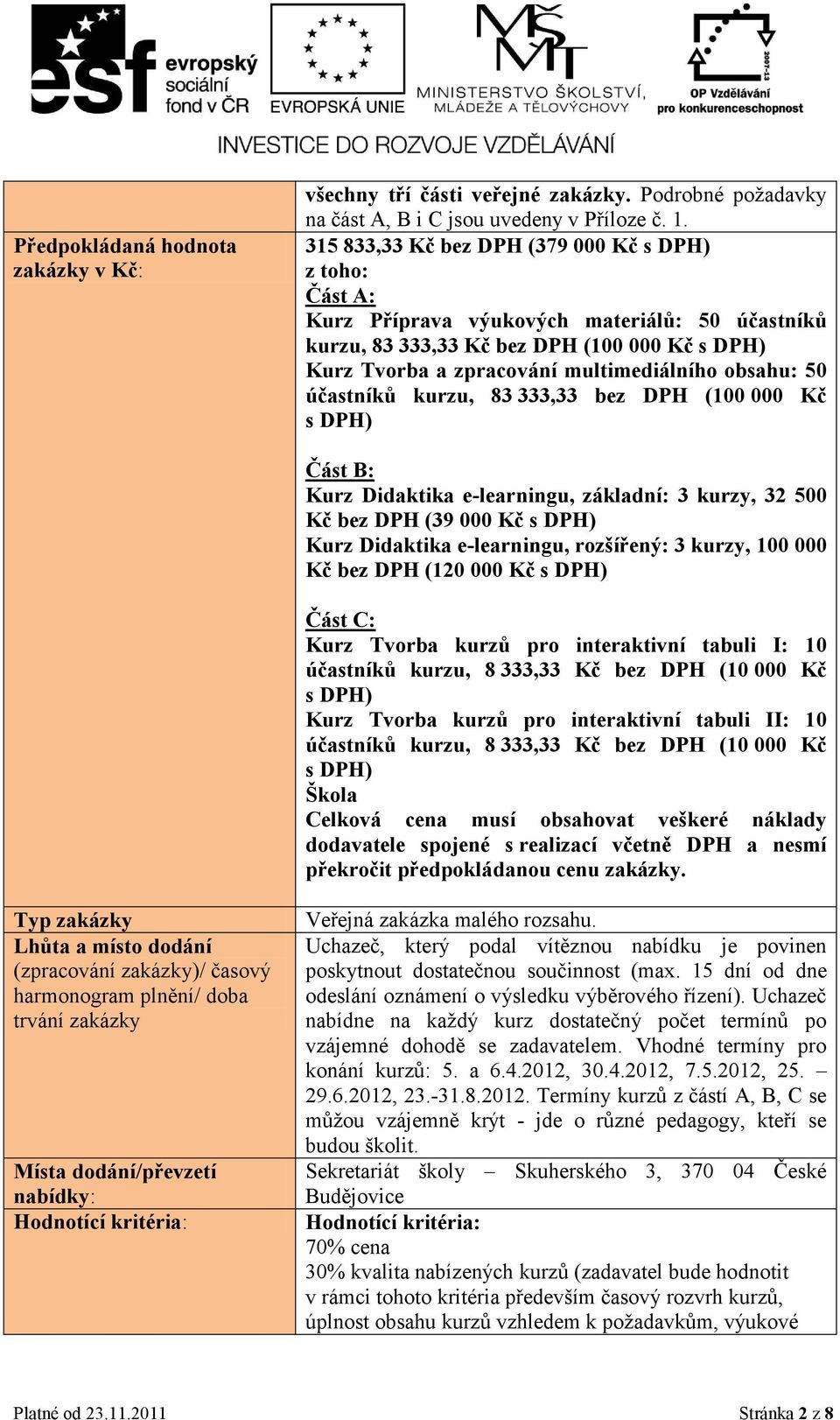 obsahu: 50 účastníků kurzu, 83 333,33 bez DPH (100 000 Kč s DPH) Část B: Kurz Didaktika e-learningu, základní: 3 kurzy, 32 500 Kč bez DPH (39 000 Kč s DPH) Kurz Didaktika e-learningu, rozšířený: 3