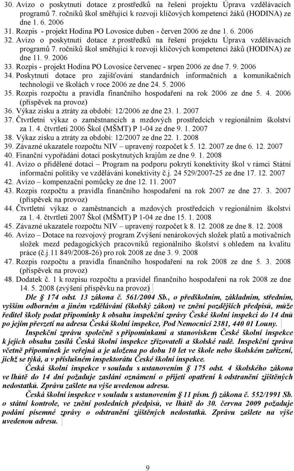 ročníků škol směřující k rozvoji klíčových kompetencí žáků (HODINA) ze dne 11. 9. 2006 33. Rozpis - projekt Hodina PO Lovosice červenec - srpen 2006 ze dne 7. 9. 2006 34.