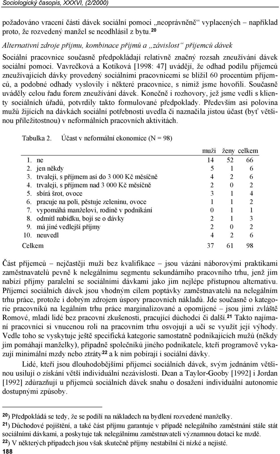 Vavrečková a Kotíková [1998: 47] uvádějí, že odhad podílu příjemců zneužívajících dávky provedený sociálními pracovnicemi se blížil 60 procentům příjemců, a podobné odhady vyslovily i některé