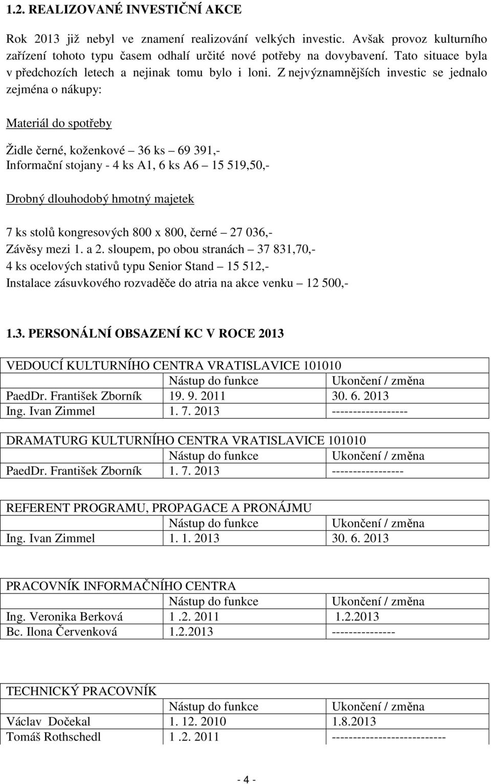 Z nejvýznamnějších investic se jednalo zejména o nákupy: Materiál do spotřeby Židle černé, koženkové 36 ks 69 391,- Informační stojany - 4 ks A1, 6 ks A6 15 519,50,- Drobný dlouhodobý hmotný majetek