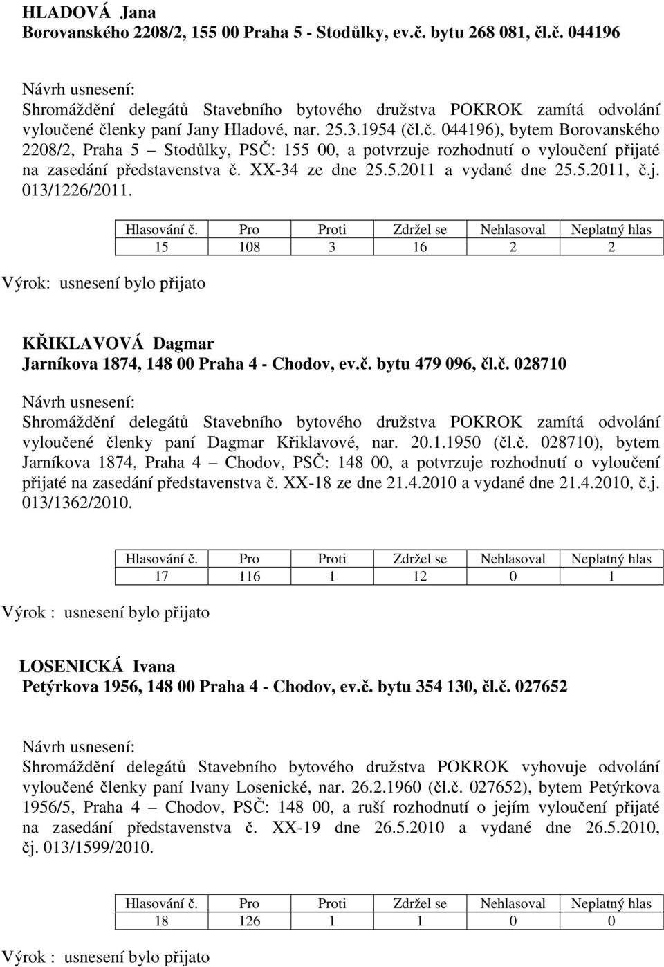 XX-34 ze dne 25.5.2011 a vydané dne 25.5.2011, č.j. 013/1226/2011. 15 108 3 16 2 2 KŘIKLAVOVÁ Dagmar Jarníkova 1874, 148 00 Praha 4 - Chodov, ev.č. bytu 479 096, čl.č. 028710 vyloučené členky paní Dagmar Křiklavové, nar.