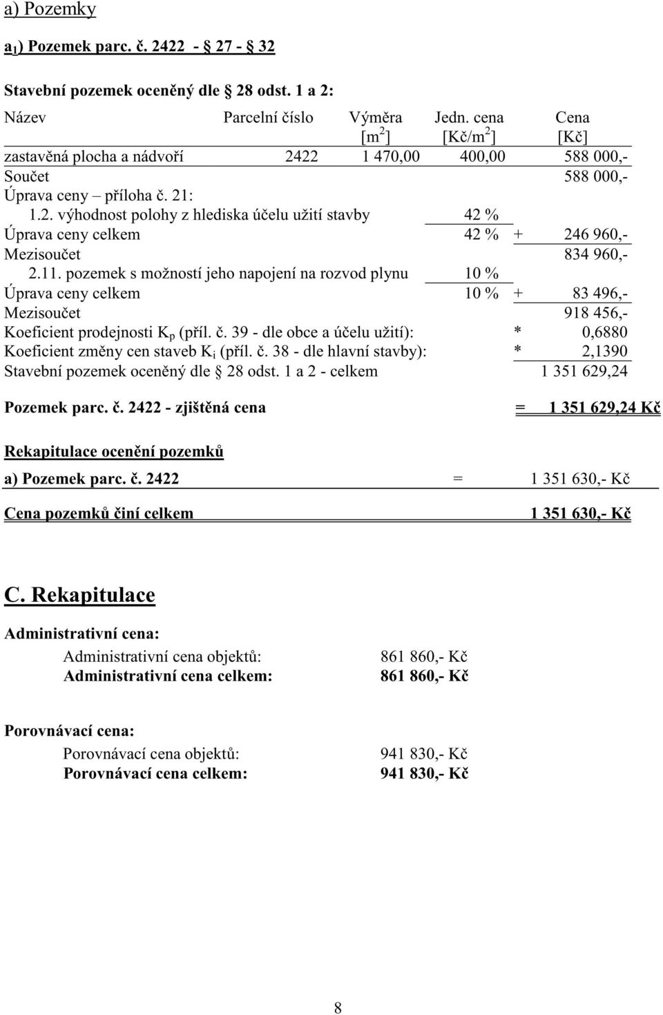 11. pozemek s možností jeho napojení na rozvod plynu 10 % Úprava ceny celkem 10 % + 83 496,- Mezisou et 918 456,- Koeficient prodejnosti K p (p íl.