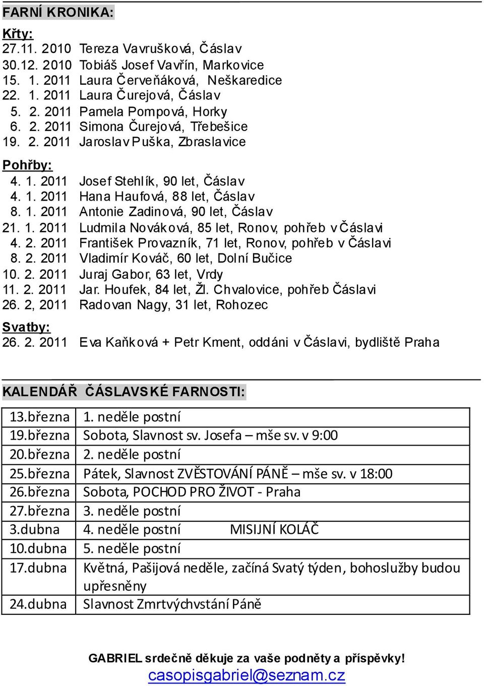 1. 2011 Ludmila Nováková, 85 let, Ronov, pohřeb v Čáslavi 4. 2. 2011 František Provazník, 71 let, Ronov, pohřeb v Čáslavi 8. 2. 2011 Vladimír Kováč, 60 let, Dolní Bučice 10. 2. 2011 Juraj Gabor, 63 let, Vrdy 11.