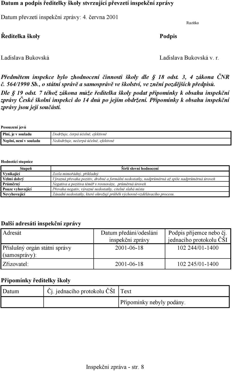 7 téhož zákona může ředitelka školy podat připomínky k obsahu inspekční zprávy České školní inspekci do 14 dnů po jejím obdržení. Připomínky k obsahu inspekční zprávy jsou její součástí.