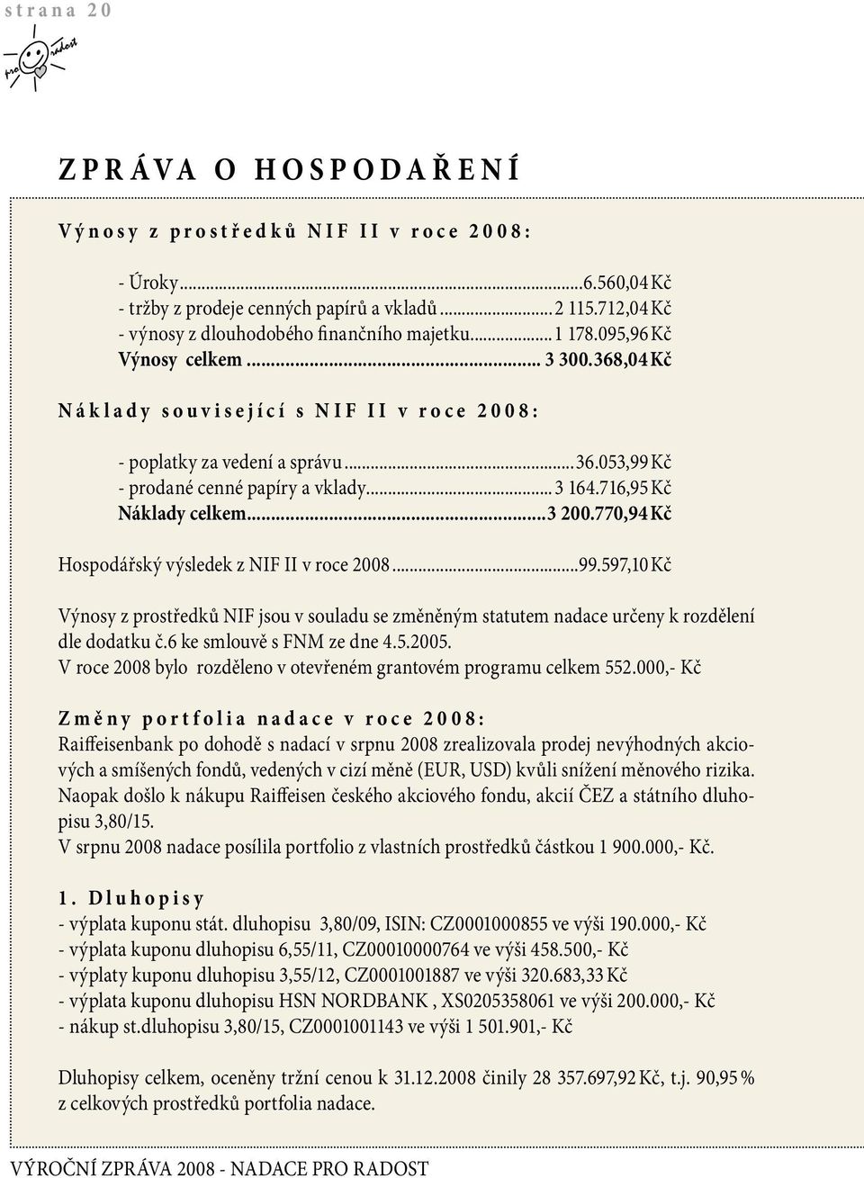 ..3 164.716,95 Kč Náklady celkem...3 200.770,94 Kč Hospodářský výsledek z NIF II v roce 2008...99.