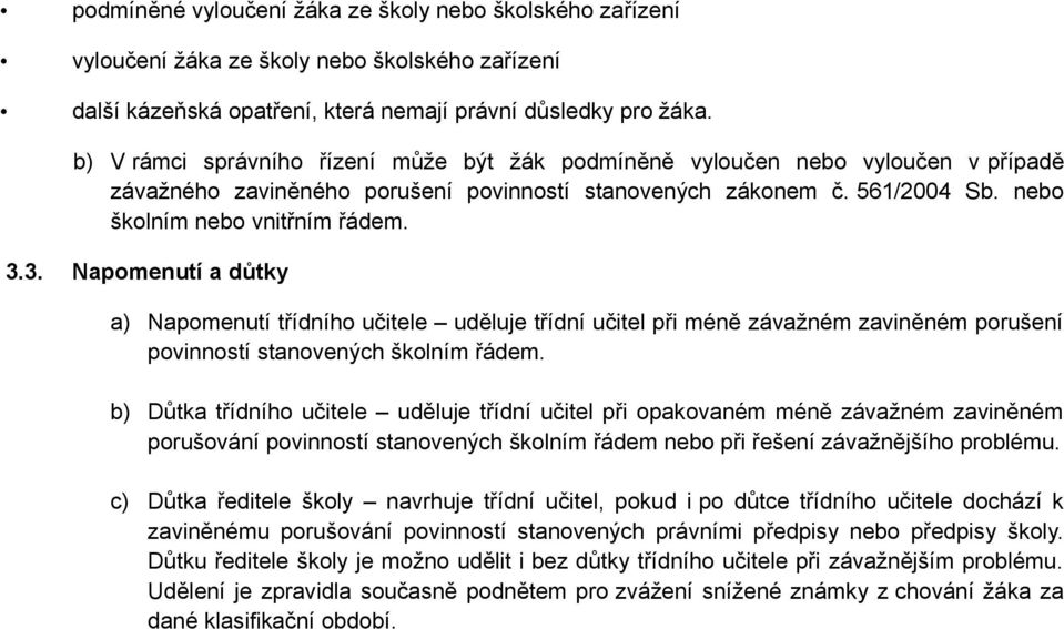 3. Napomenutí a důtky a) Napomenutí třídního učitele uděluje třídní učitel při méně závažném zaviněném porušení povinností stanovených školním řádem.