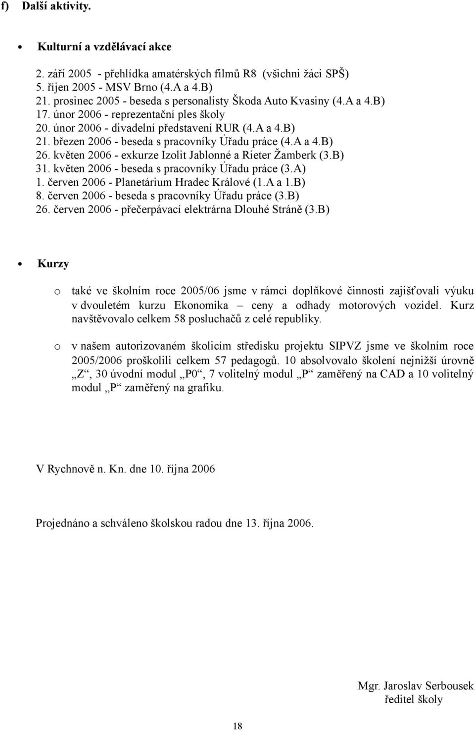 březen 2006 - beseda s pracovníky Úřadu práce (4.A a 4.B) 26. květen 2006 - exkurze Izolit Jablonné a Rieter Žamberk (3.B) 31. květen 2006 - beseda s pracovníky Úřadu práce (3.A) 1.