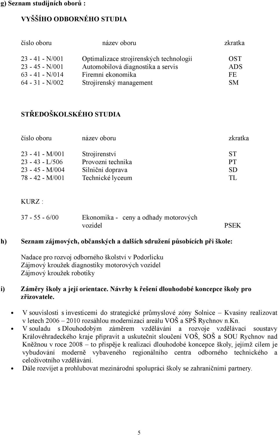 23-45 - M/004 Silniční doprava SD 78-42 - M/001 Technické lyceum TL KURZ : 37-55 - 6/00 Ekonomika - ceny a odhady motorových vozidel PSEK h) Seznam zájmových, občanských a dalších sdružení působících