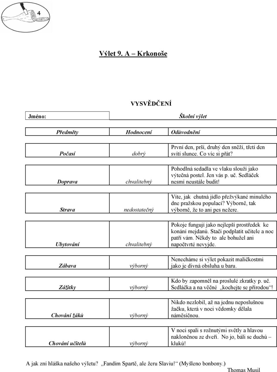 výborný výborný výborný První den, prší, druhý den sněží, třetí den svítí slunce. Co víc si přát? Pohodlná sedadla ve vlaku slouží jako výtečná postel. Jen vás p. uč. Sedláček nesmí neustále budit!