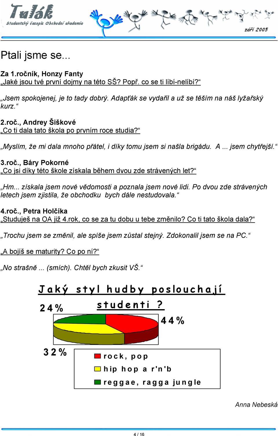 Hm... získala jsem nové vědomosti a poznala jsem nové lidi. Po dvou zde strávených letech jsem zjistila, že obchodku bych dále nestudovala. 4.roč., Petra Holčíka Studuješ na OA již 4.