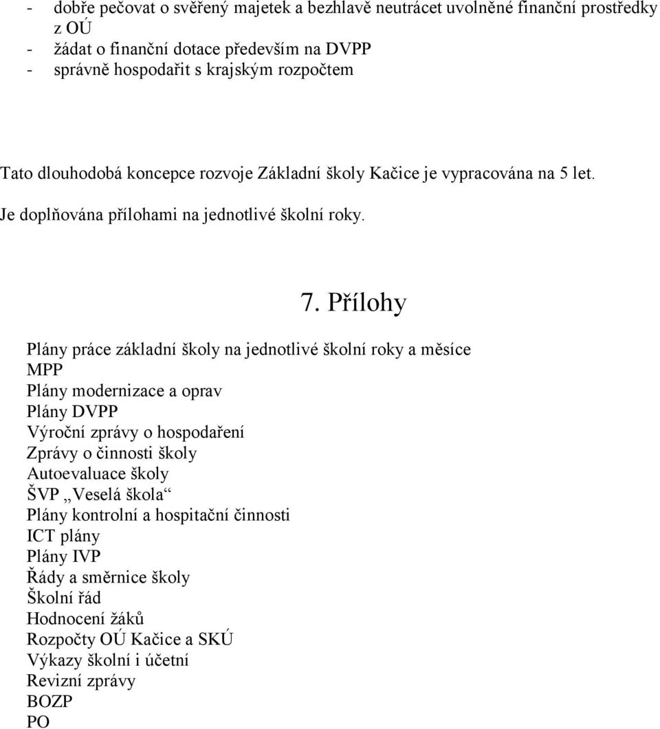 Přílohy Plány práce základní školy na jednotlivé školní roky a měsíce MPP Plány modernizace a oprav Plány DVPP Výroční zprávy o hospodaření Zprávy o činnosti školy