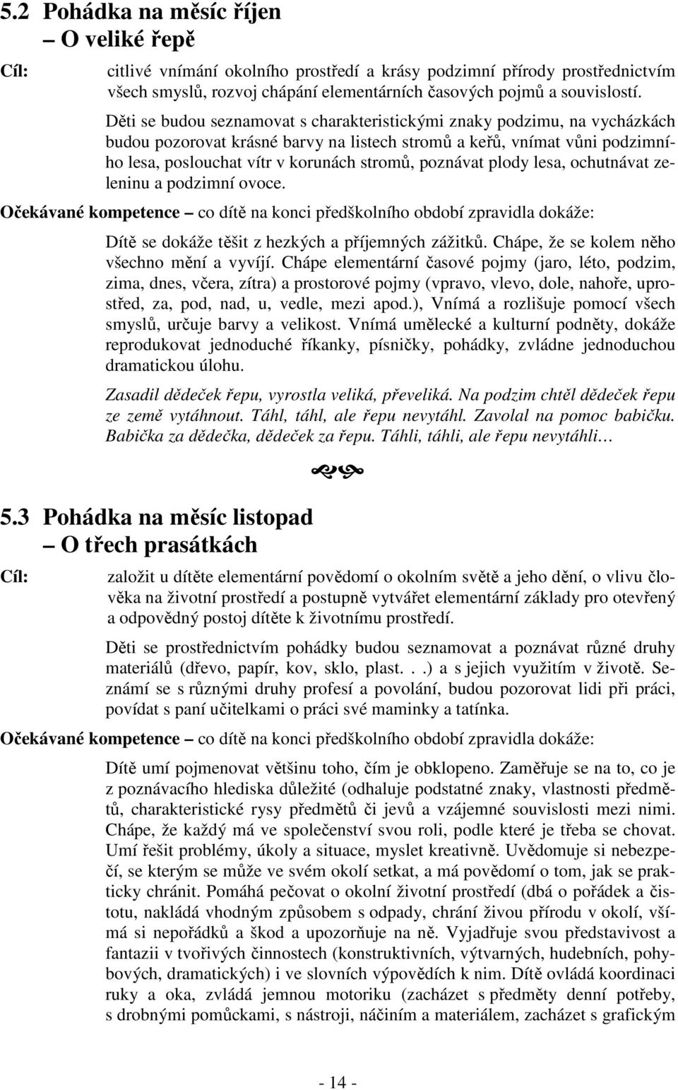 poznávat plody lesa, ochutnávat zeleninu a podzimní ovoce. Očekávané kompetence co dítě na konci předškolního období zpravidla dokáže: Dítě se dokáže těšit z hezkých a příjemných zážitků.