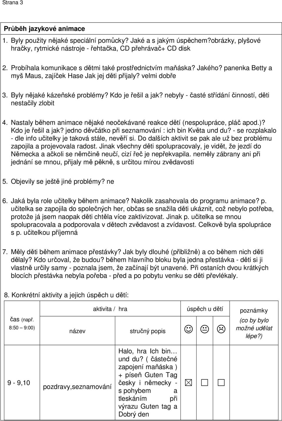 nebyly - časté střídání činností, děti nestačily zlobit 4. Nastaly během animace nějaké neočekávané reakce dětí (nespolupráce, pláč apod.)? Kdo je řešil a jak?