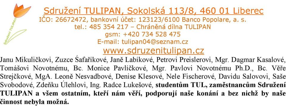 Leoně Nesvadbové, Denise Klesové, Nele Fischerové, Davidu Salovovi, Saše Svobodové, Zdeňku Úlehlovi, Ing.