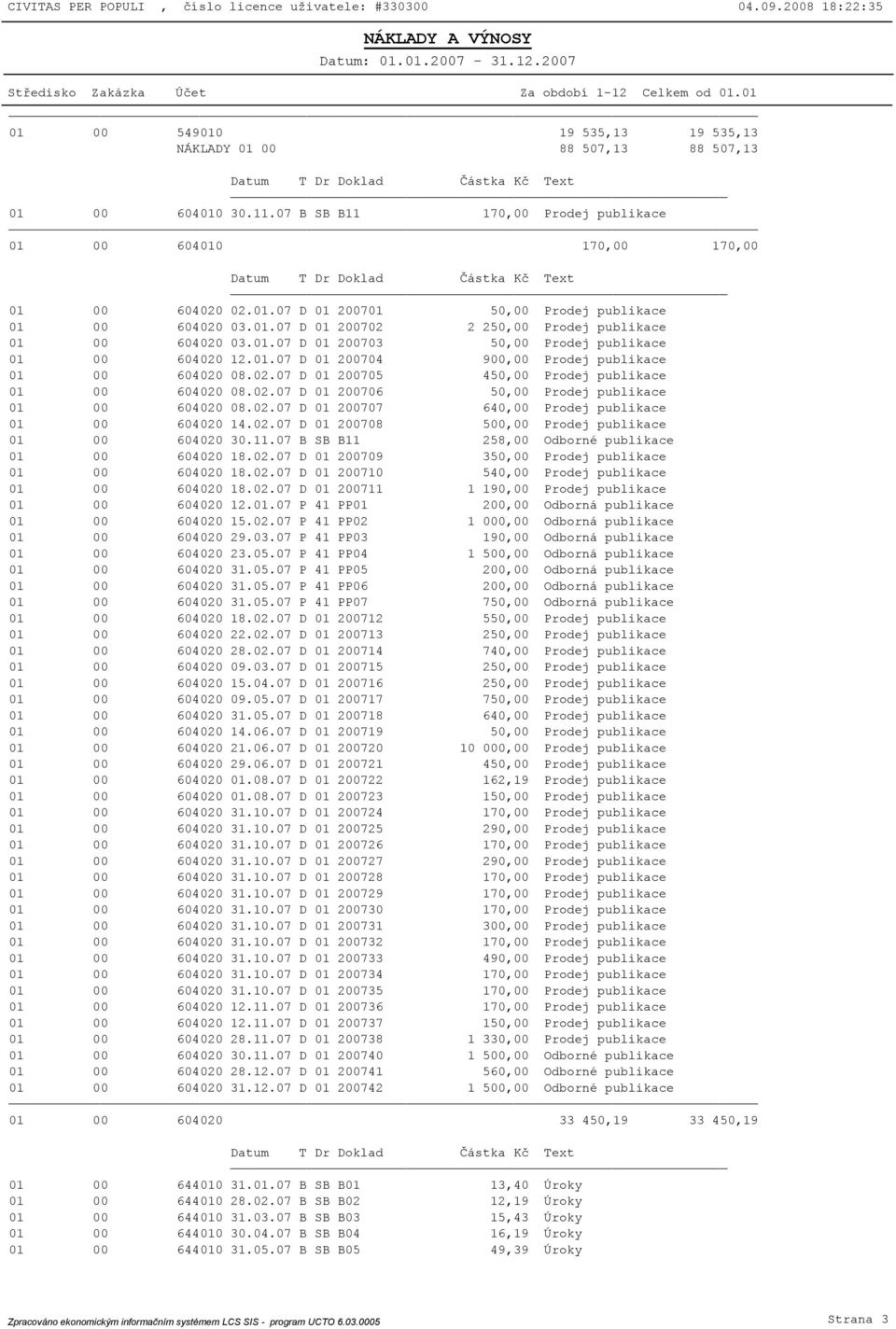02.07 D 01 200706 50,00 Prodej publikace 01 00 604020 08.02.07 D 01 200707 640,00 Prodej publikace 01 00 604020 14.02.07 D 01 200708 500,00 Prodej publikace 01 00 604020 30.11.