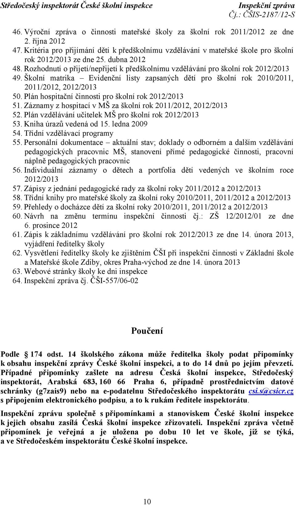 Plán hospitační činnosti pro školní rok 2012/2013 51. Záznamy z hospitací v MŠ za školní rok 2011/2012, 2012/2013 52. Plán vzdělávání učitelek MŠ pro školní rok 2012/2013 53. Kniha úrazů vedená od 15.