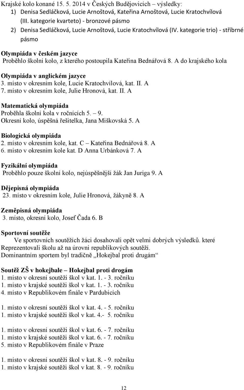 kategorie trio) - stříbrné pásmo Olympiáda v českém jazyce Proběhlo školní kolo, z kterého postoupila Kateřina Bednářová 8. A do krajského kola Olympiáda v anglickém jazyce 3.