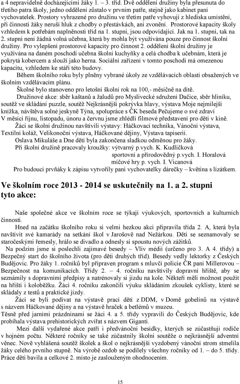 Prostorové kapacity školy vzhledem k potřebám naplněnosti tříd na 1. stupni, jsou odpovídající. Jak na 1. stupni, tak na 2.