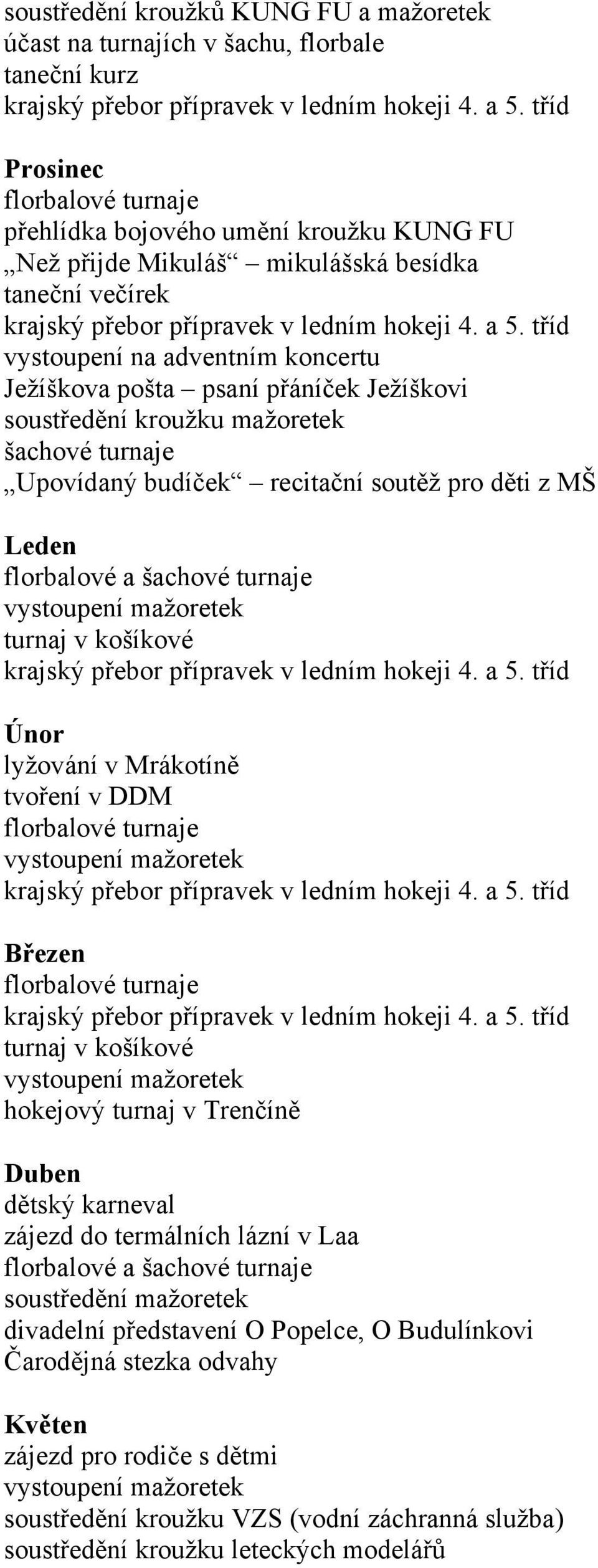 tříd vystoupení na adventním koncertu Ježíškova pošta psaní přáníček Ježíškovi soustředění kroužku mažoretek šachové turnaje Upovídaný budíček recitační soutěž pro děti z MŠ Leden florbalové a