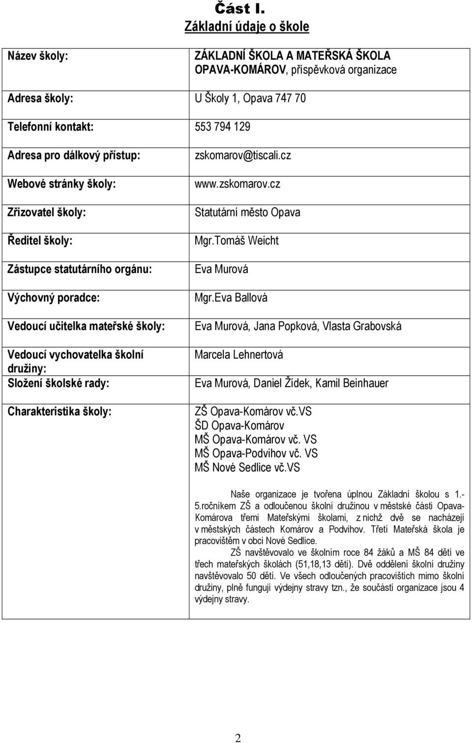 přístup: Webové stránky školy: Zřizovatel školy: Ředitel školy: Zástupce statutárního orgánu: Výchovný poradce: Vedoucí učitelka mateřské školy: Vedoucí vychovatelka školní družiny: Složení školské