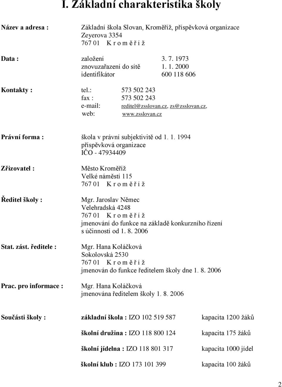 1. 1994 příspěvková organizace IČO - 47934409 Zřizovatel : Ředitel školy : Stat. zást. ředitele : Prac. pro informace : Město Kroměříž Velké náměstí 115 767 01 K r o m ě ř í ž Mgr.