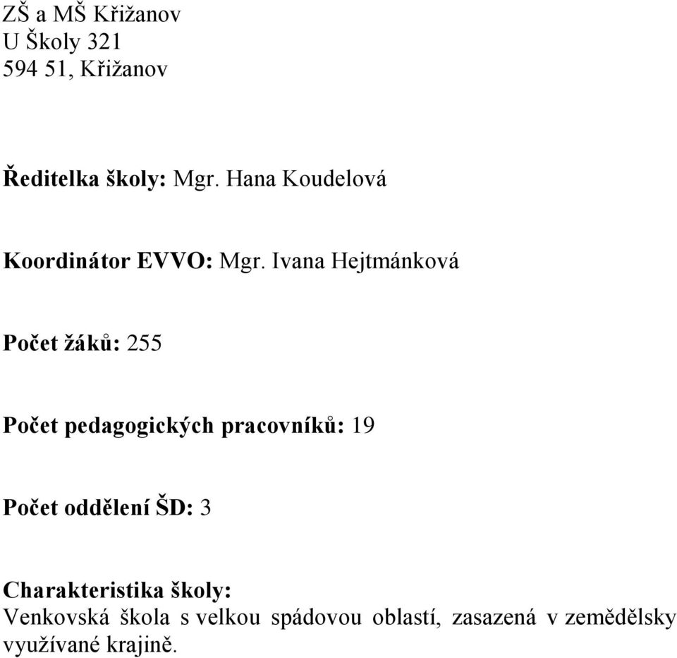 Ivana Hejtmánková Počet žáků: 255 Počet pedagogických pracovníků: 19 Počet