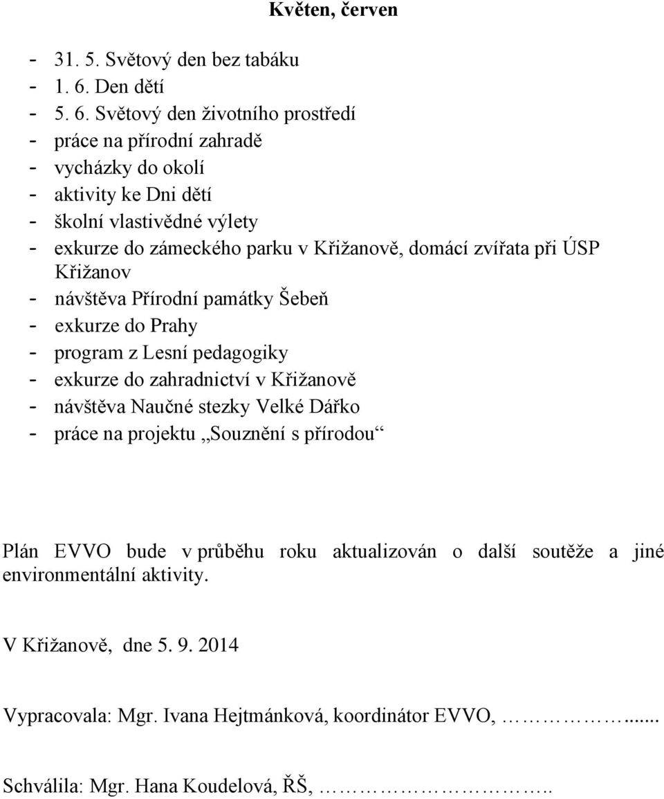 Světový den životního prostředí - práce na přírodní zahradě - aktivity ke Dni dětí - školní vlastivědné výlety - exkurze do zámeckého parku v Křižanově, domácí zvířata