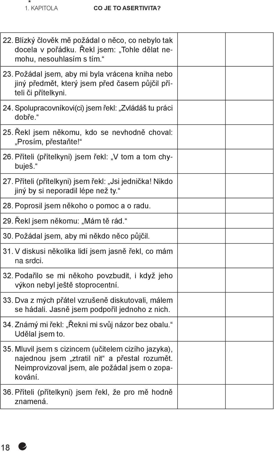 Řekl jsem někomu, kdo se nevhodně choval: Prosím, přestaňte! 26. Příteli (přítelkyni) jsem řekl: V tom a tom chybuješ. 27. Příteli (přítelkyni) jsem řekl: Jsi jednička!