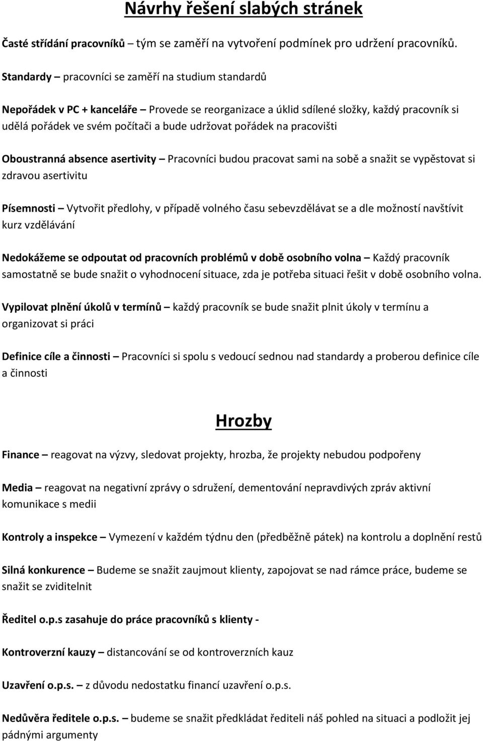 pořádek na pracovišti Oboustranná absence asertivity Pracovníci budou pracovat sami na sobě a snažit se vypěstovat si zdravou asertivitu Písemnosti Vytvořit předlohy, v případě volného času