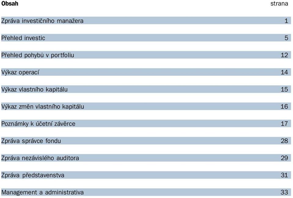 vlastního kapitálu 16 Poznámky k účetní závěrce 17 Zpráva správce fondu 28