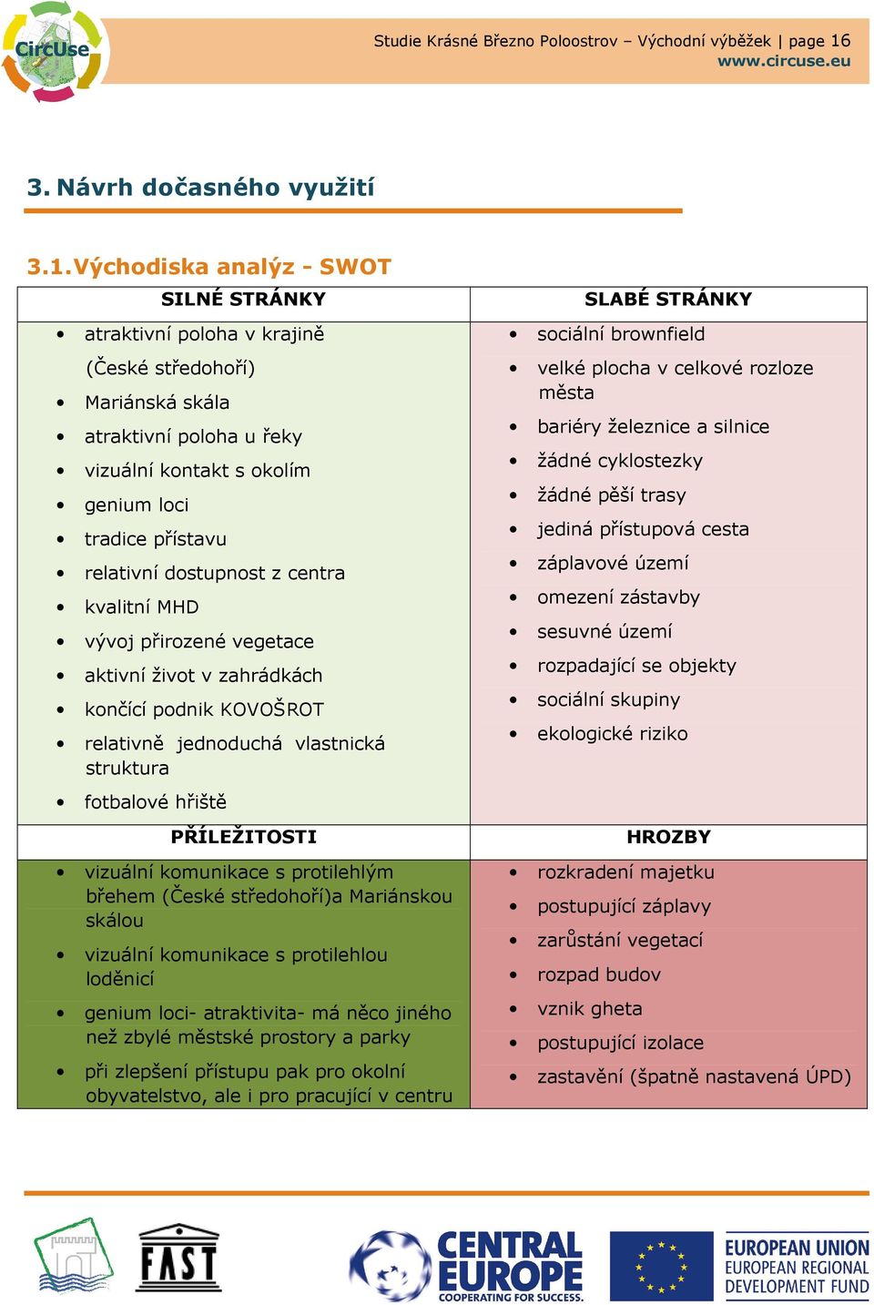 Východiska analýz - SWOT SILNÉ STRÁNKY atraktivní poloha v krajině (České středohoří) Mariánská skála atraktivní poloha u řeky vizuální kontakt s okolím genium loci tradice přístavu relativní