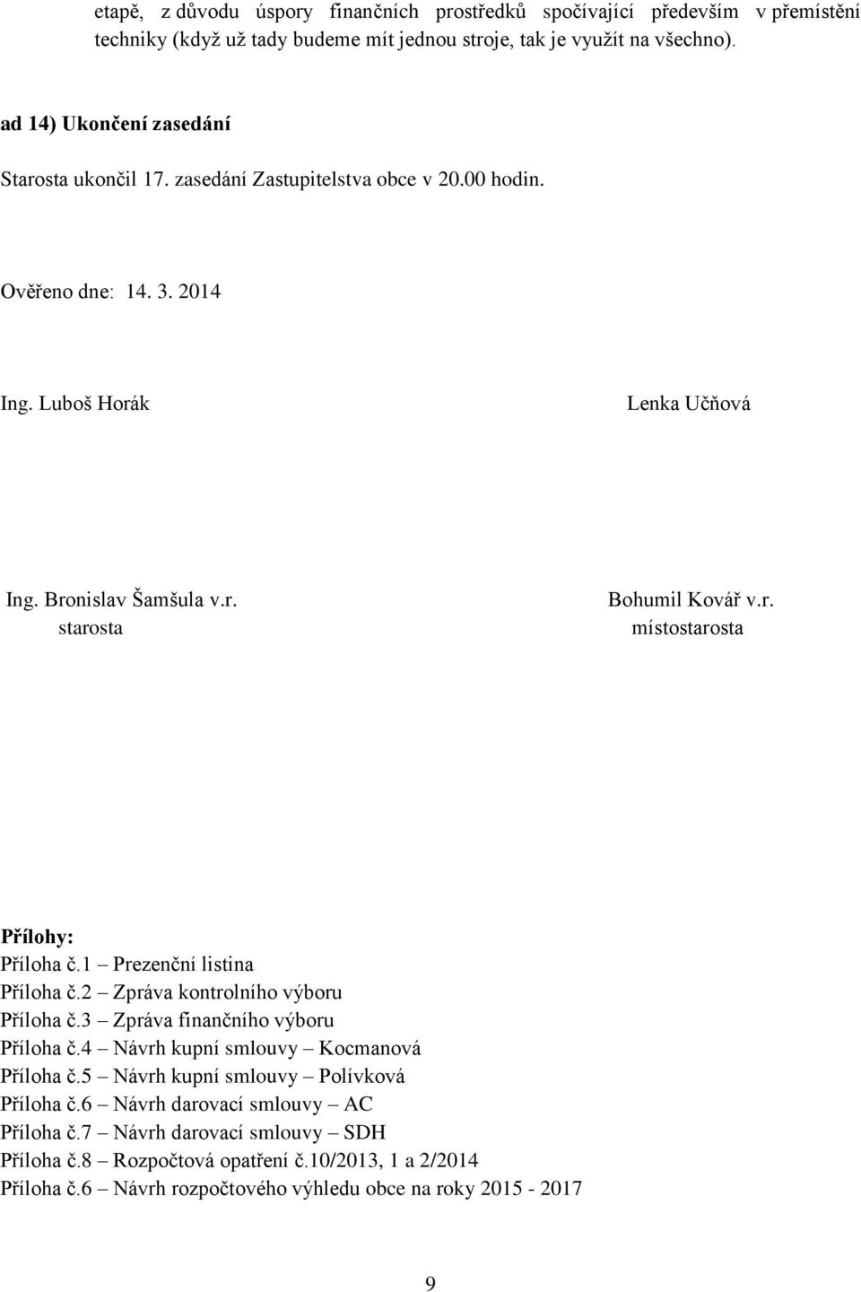 r. místostarosta Přílohy: Příloha č.1 Prezenční listina Příloha č.2 Zpráva kontrolního výboru Příloha č.3 Zpráva finančního výboru Příloha č.4 Návrh kupní smlouvy Kocmanová Příloha č.