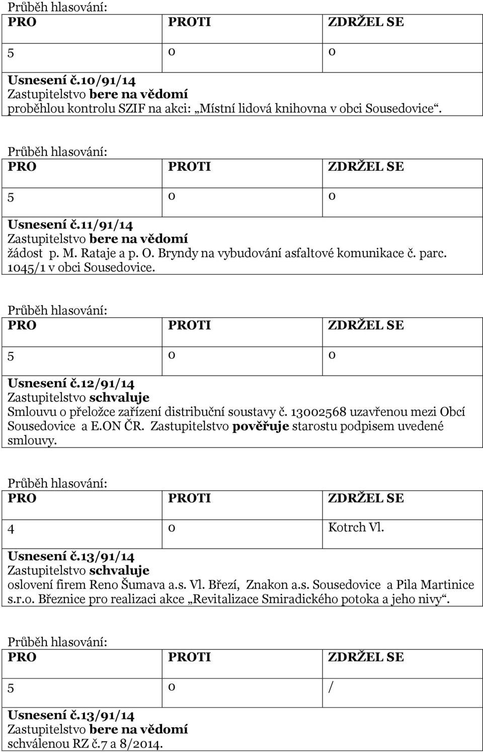 13002568 uzavřenou mezi Obcí Sousedovice a E.ON ČR. Zastupitelstvo pověřuje starostu podpisem uvedené smlouvy. Usnesení č.13/91/14 oslovení firem Reno Šumava a.