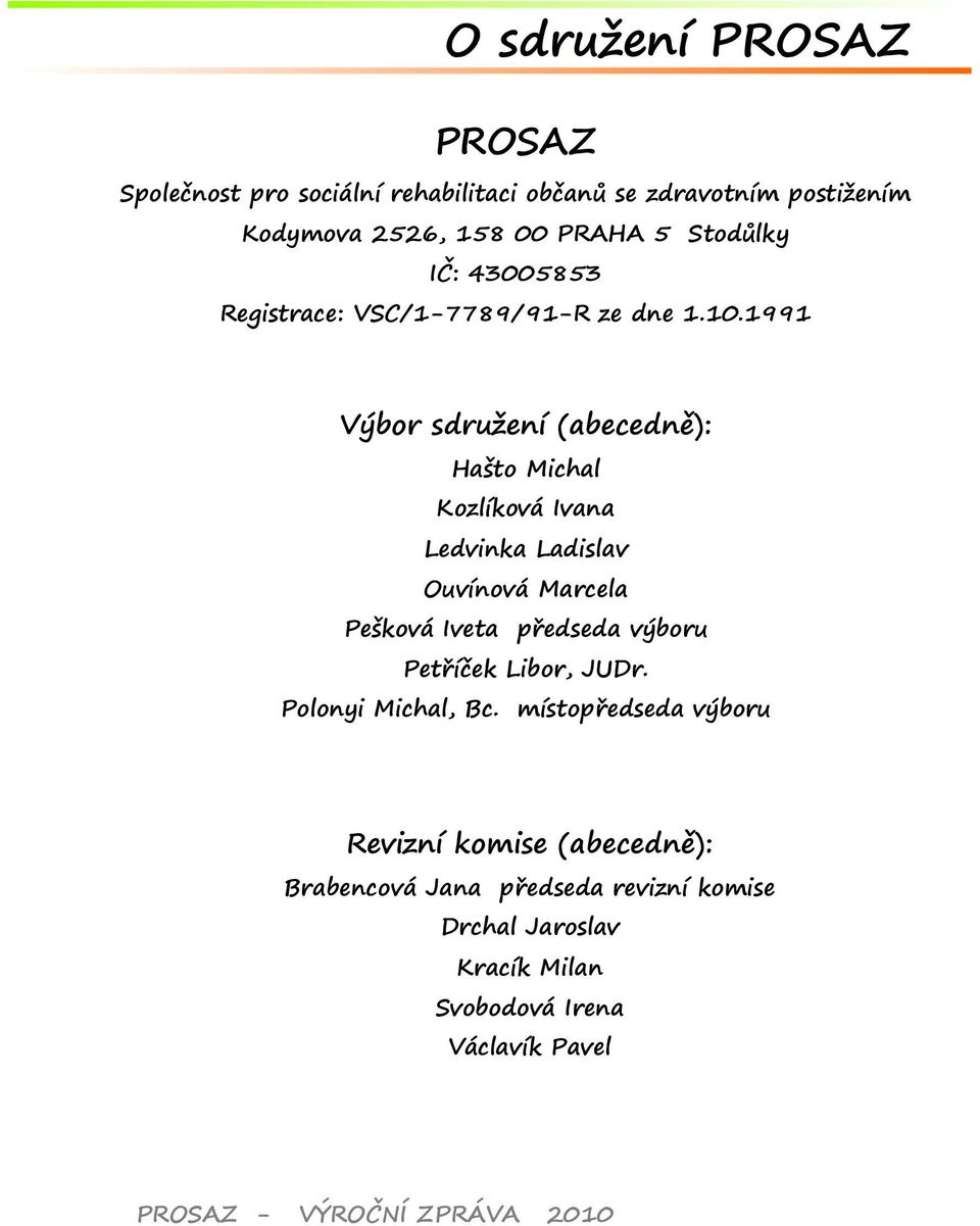 1991 Výbor sdružení (abecedně): Hašto Michal Kozlíková Ivana Ledvinka Ladislav Ouvínová Marcela Pešková Iveta předseda výboru