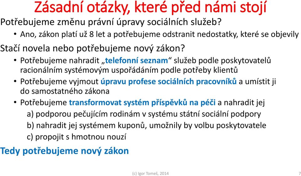 Potřebujeme nahradit telefonní seznam služeb podle poskytovatelů racionálním systémovým uspořádáním podle potřeby klientů Potřebujeme vyjmout úpravu profese sociálních