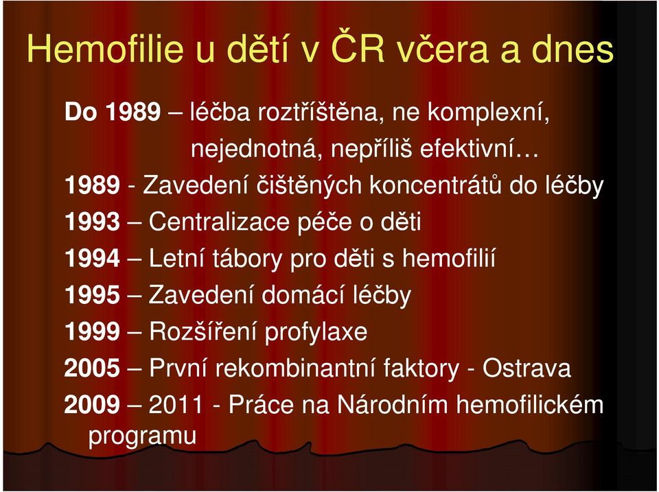 děti 1994 Letní tábory pro děti s hemofilií 1995 Zavedení domácí léčby 1999 Rozšíření