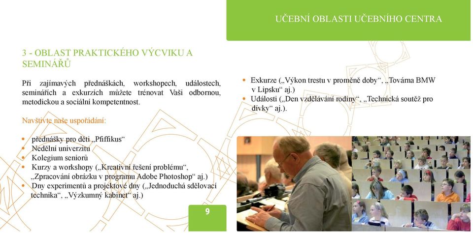 ) Události ( Den vzdělávání rodiny, Technická soutěž pro dívky aj.). přednášky pro děti Pfiffikus Nedělní univerzitu Kolegium seniorů Kurzy a workshopy (