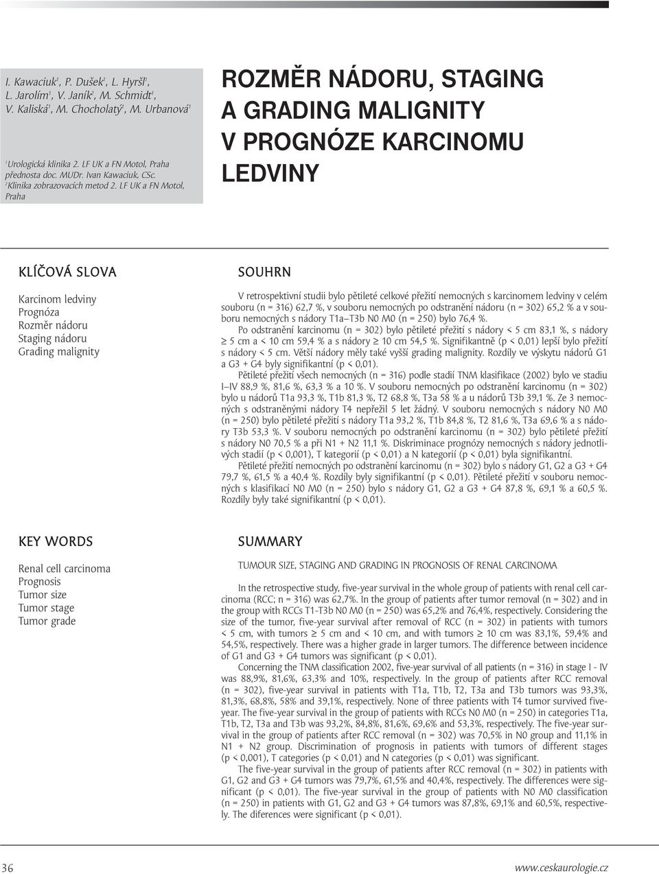 LF UK a FN Motol, Praha ROZMĚR NÁDORU, STAGING A GRADING MALIGNITY V PROGNÓZE KARCINOMU LEDVINY KLÍČOVÁ SLOVA Karcinom ledviny Prognóza Rozměr nádoru Staging nádoru Grading malignity SOUHRN V