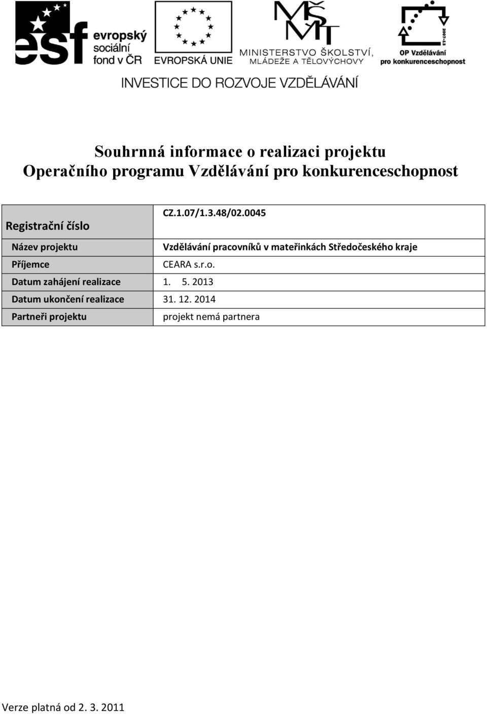 realizace 1. 5. 2013 Datum ukončení realizace 31. 12.