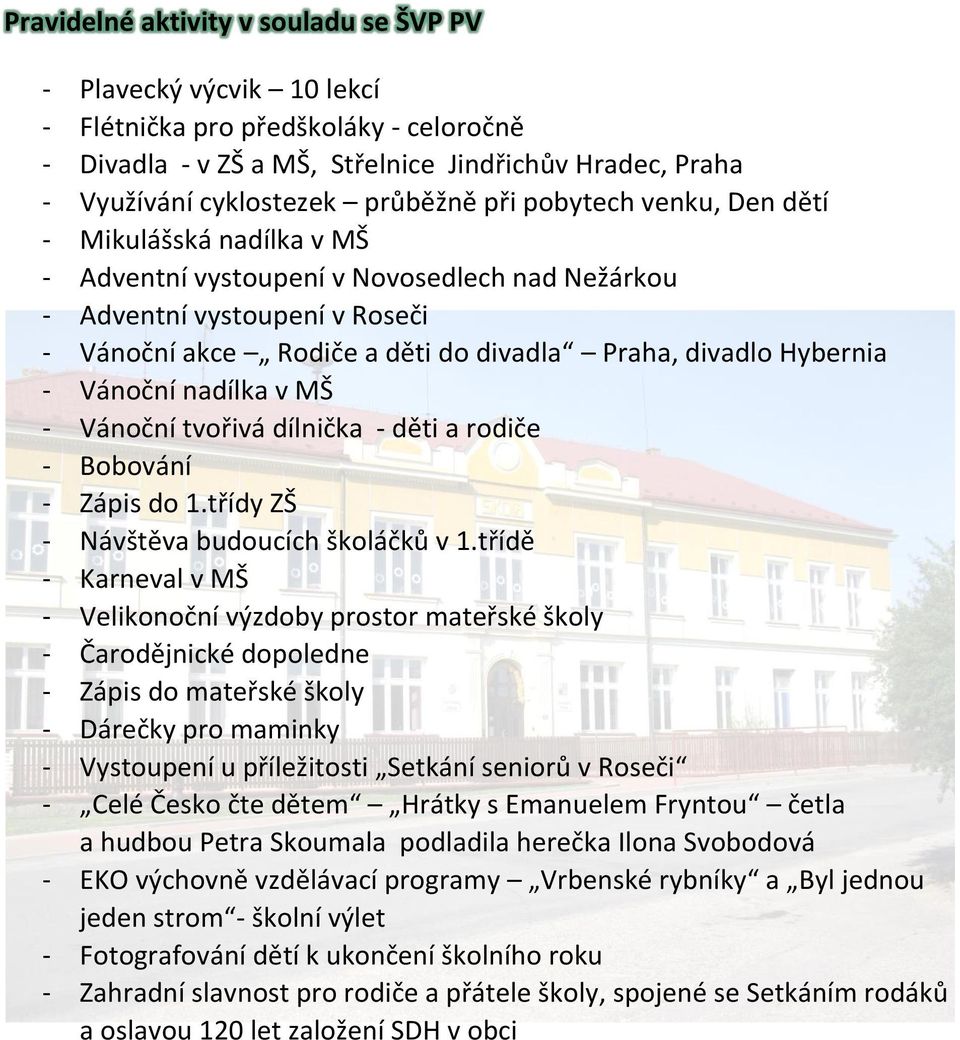 - Vánoční nadílka v MŠ - Vánoční tvořivá dílnička - děti a rodiče - Bobování - Zápis do 1.třídy ZŠ - Návštěva budoucích školáčků v 1.