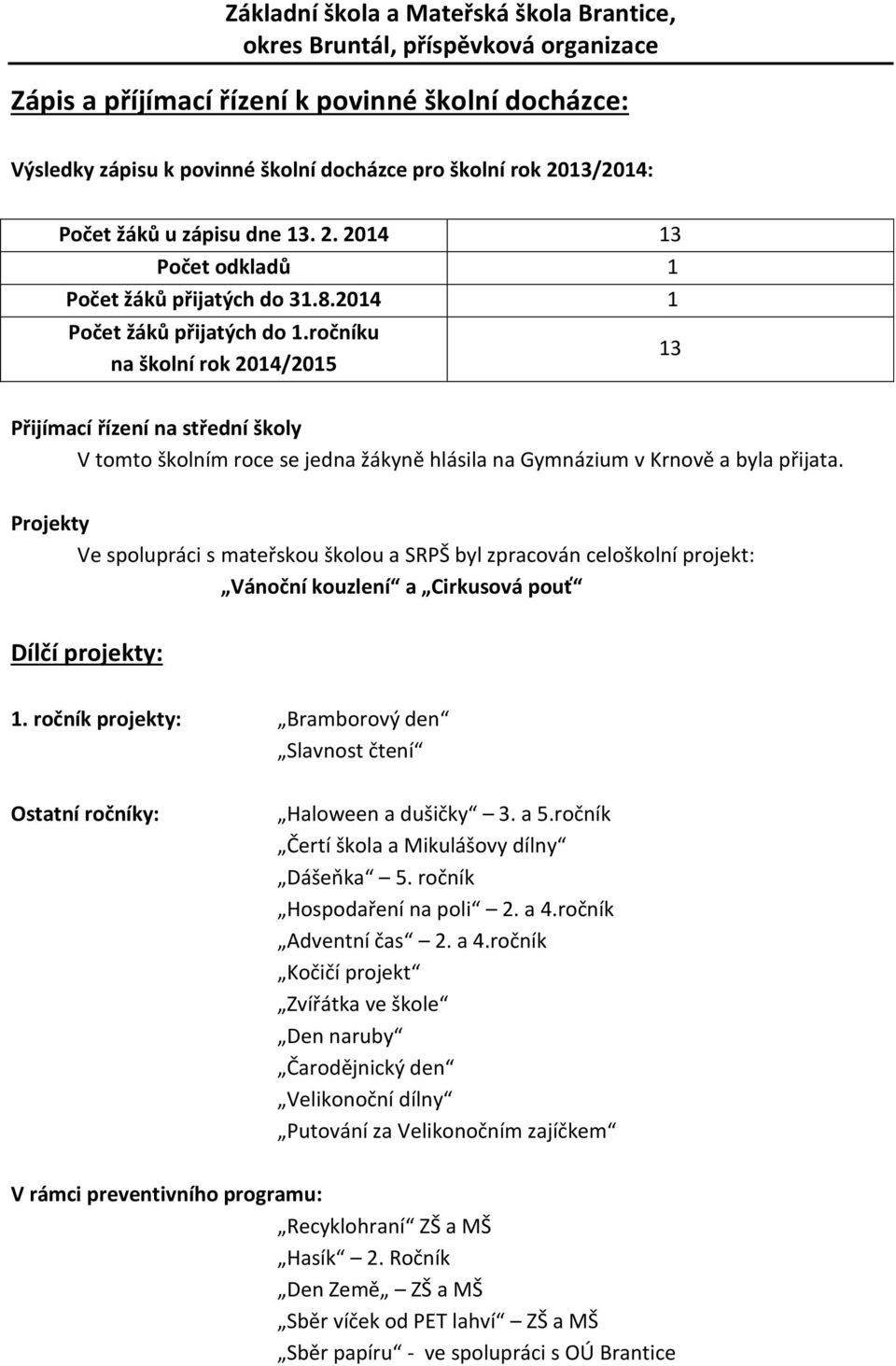 Projekty Ve spolupráci s mateřskou školou a SRPŠ byl zpracován celoškolní projekt: Vánoční kouzlení a Cirkusová pouť Dílčí projekty: 1.