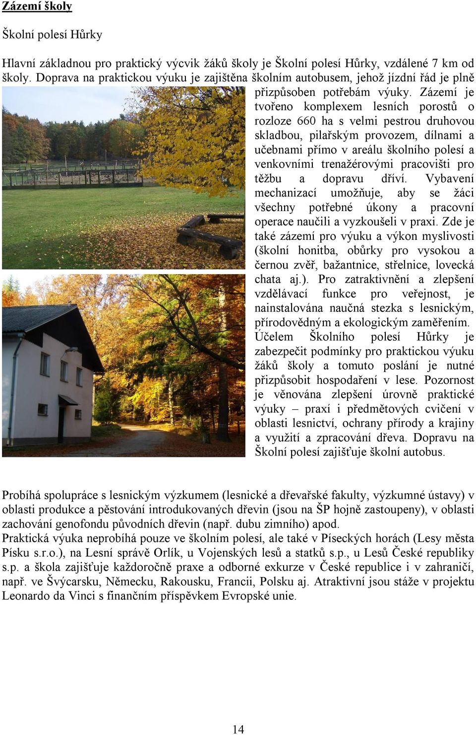 Zázemí je tvořeno komplexem lesních porostů o rozloze 660 ha s velmi pestrou druhovou skladbou, pilařským provozem, dílnami a učebnami přímo v areálu školního polesí a venkovními trenažérovými