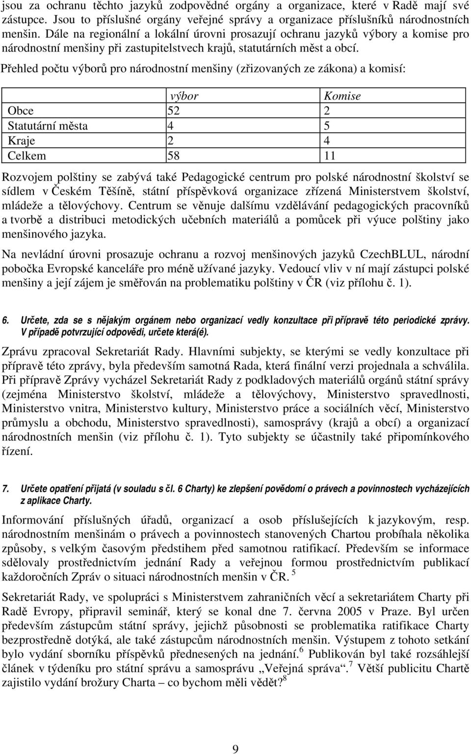 Přehled počtu výborů pro národnostní menšiny (zřizovaných ze zákona) a komisí: výbor Komise Obce 52 2 Statutární města 4 5 Kraje 2 4 Celkem 58 11 Rozvojem polštiny se zabývá také Pedagogické centrum